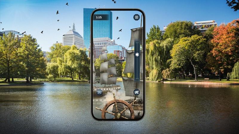 Concept composition of an 18th-century colonial sloop on Boston Common lake