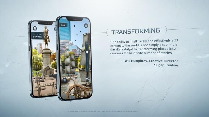 Two phones showing in-app moments from Echoes of Revolution: Boston