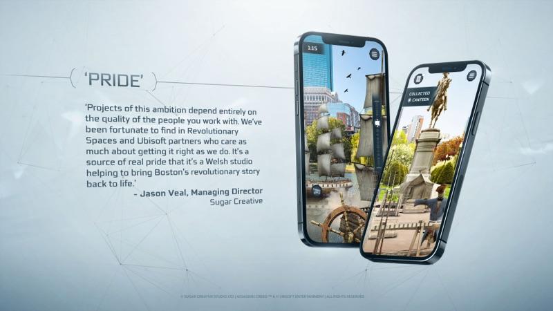 Three phones showing in-app moments from Echoes of Revolution: Boston