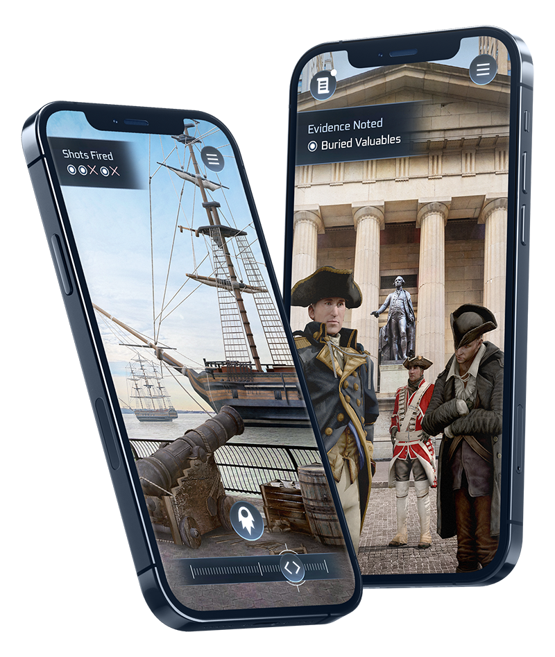 Two phones showing in-app moments from Echoes of Revolution: NYC: an 18th-century ship at the Manhattan waterfront and revolutionary-era characters in front of a New York landmark.
